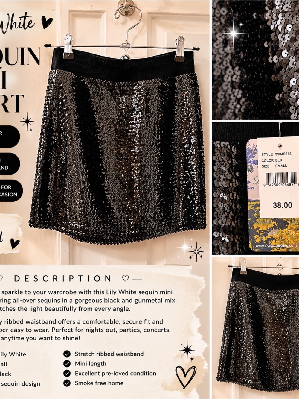 Lily White Black & Gunmetal Sequin Mini Skirt - Picture 1 of 3
